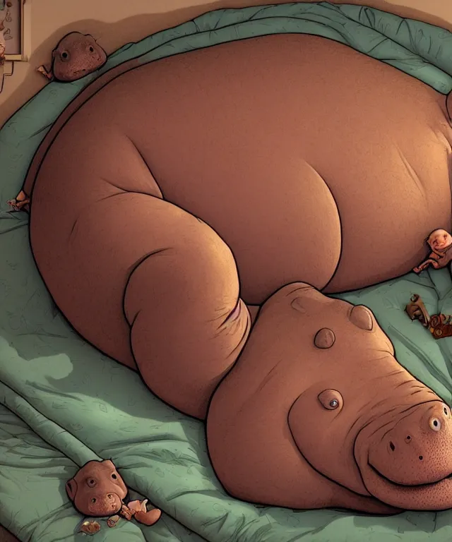 Prompt: tired humanoid hippo lying in bed, closeup, centered composition, digital painting, artstation, concept art, kids book illustration, sharp focus, octane render, illustration, art by geof darrow,