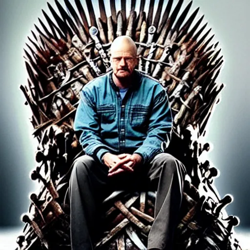 Prompt: “Intricate 4K photo of Walter White sitting on the Iron Throne from Game of Thrones, award-winning crisp details”