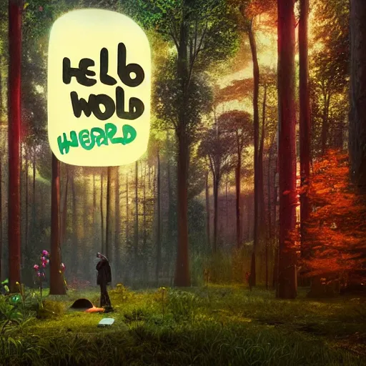 Image similar to 'Hello World' sign in a fairy forest, by Beeple, RHADS, and Greg Rutkowski, trending on artstation, unreal engine, 4k, high quality render, digital art