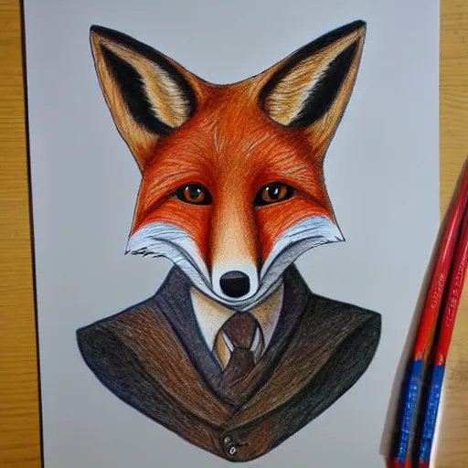 Prompt: colored pencil drawing of a fox in a waistcoat