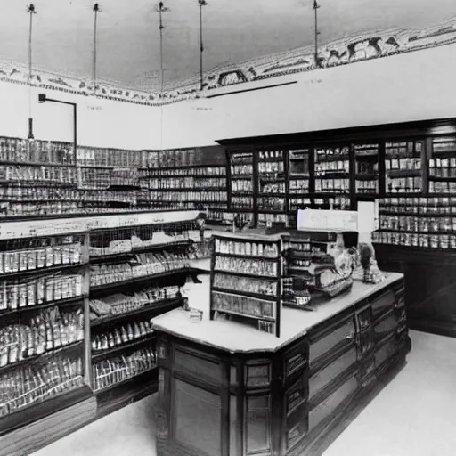 Prompt: the inside of a 1 9 2 8 grocery store with a national cash register from 1 9 0 4 on the desk. hyper - realistic, realistic photo