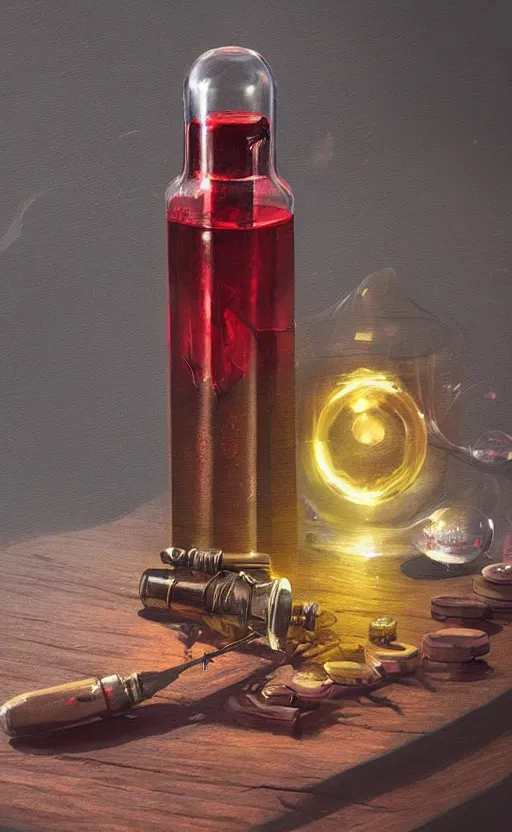 Image similar to a beautiful painting illustration of a stylized health potion on a wooden table, scratched vial, bubbles, crimson, by greg rutkowski, featured on artstation, rpg item
