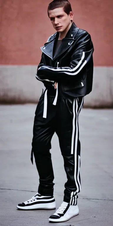 Prompt: gopnik in a black leather jacket, white Adidas pants. anime
