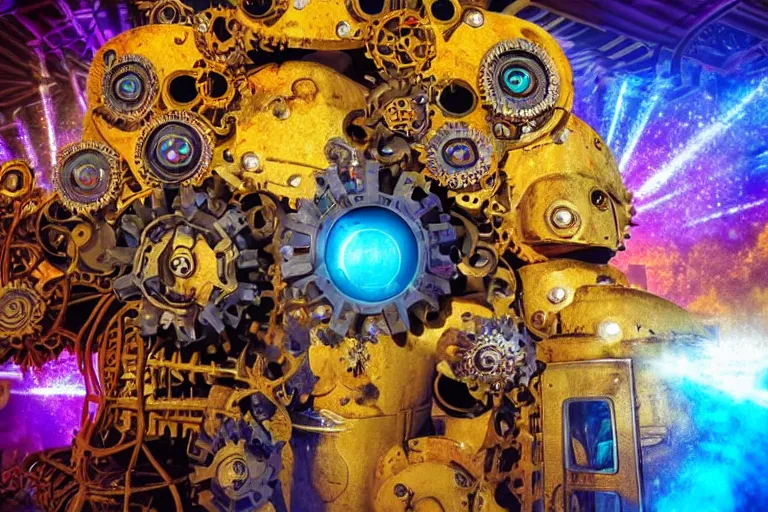 Image similar to scene is flower power party in pacha in ibiza, portrait photo of a giant huge golden and blue metal steampunk robot, with gears and tubes, eyes are glowing red lightbulbs, shiny crisp finish, 3 d render, 8 k, insaneley detailed, fluorescent colors, haluzinogetic, background is multicolored lasershow