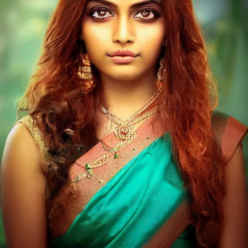 Prompt: close - up shot, studio photographic portrait of beautiful indian girl in sari, brown reddish hair, eyes with crystal teal iris, haunting, looking at viewer, dynamic lighting, random outdoor wallpaper background, photorealistic, 2 5 mm