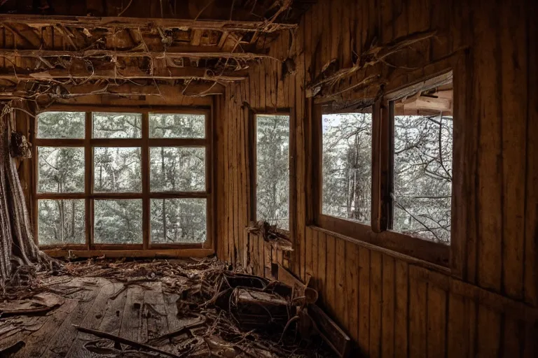 Image similar to a film production still, 2 8 mm, wide shot of a cabin interior, wooden furniture, cobwebs, spiderwebs, dynamic volumetric lighting, abandoned, depth of field, cinematic