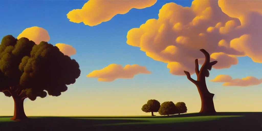 Prompt: lonely tree, blue sky, summer evening, kenton nelson