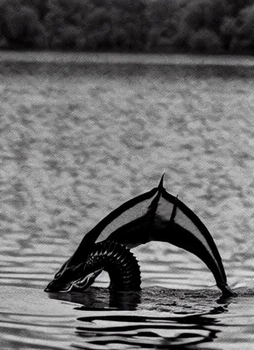 Image similar to a real life gyarados swimmin in a lake, proof photograph, black and white, blurry, hidden camera