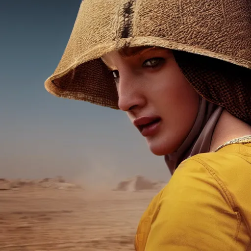 Prompt: ultra - photorealistic, middle eastern woman driving horse and handling weapon, dust, yellow cinematic, 4 k, 8 0 0 mm, uhd, vogue, winning photo of the year, sharp focus, intricate, hyperdetailed