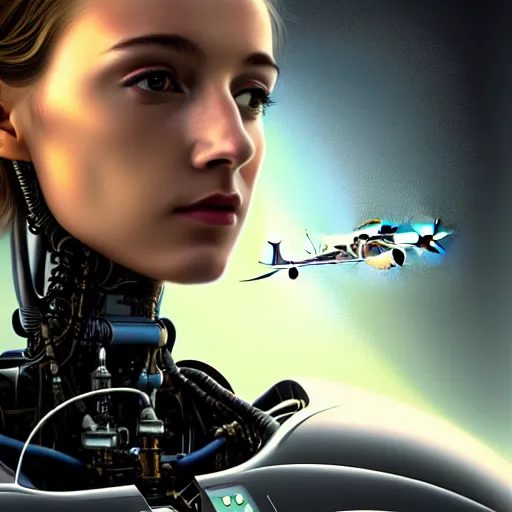 Image similar to portrait of the beautiful young robotic pilot of jets, surreal, fantasy, intricate, mechanical, elegant, dramatic lighting, emotionally evoking symbolic metaphor, highly detailed, gears, lifelike, photorealistic, digital painting, painterly, artstation, concept art, smooth, head in focus, sharp focus, background aerial battle, illustration, art by John Collier and Krenz Cushart and Artem Demura and Alphonse Mucha and Albert Aublet,