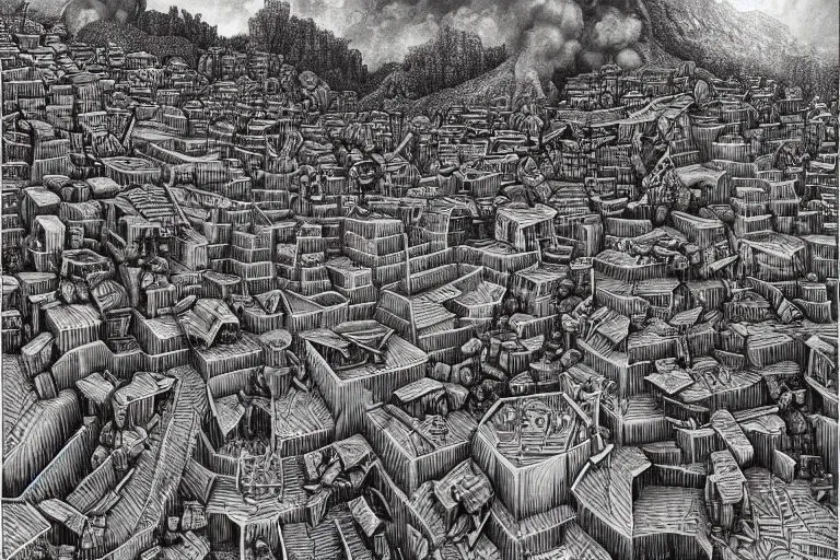 Image similar to highly detailed favela hive of fire, award winning art, epic dreamlike fantasy landscape, art print, mc escher, ultra realistic,