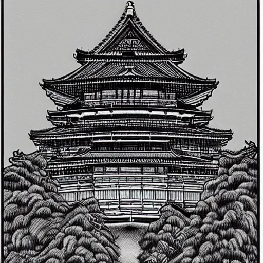 Prompt: japanese castle, art, detailed, kentaro miura style, black and white