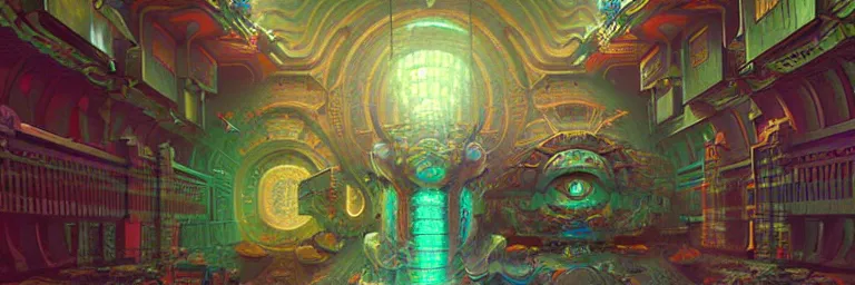 Image similar to a sprawling miniature cybernetic temple, surrounded by fractals, cybernetic faces, vaporwave aesthetic, colorful, psychedelic, digital painting, artstation, concept art, smooth, sharp focus, illustration, art by artgerm and greg rutkowski and alphonse mucha