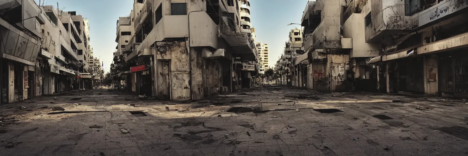 Prompt: sad and disturbing photo of the empty streets of tel aviv, israel, rotting, summer, morning, vivid colors, neon, art by gregory crewdson and artgerm and wlop and william - adolphe bouguereau