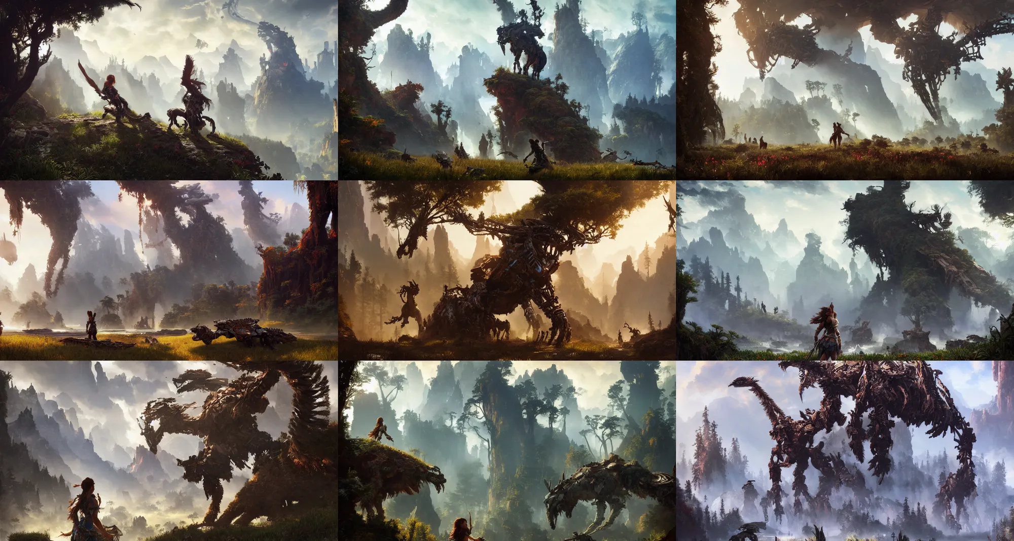 Prompt: landscape shots from horizon zero dawn 2, deep focus, d & d, fantasy, intricate, elegant, highly detailed, digital painting, artstation, concept art, matte, sharp focus, illustration, by bouguereau, by bierstadt, and by ruan jia,