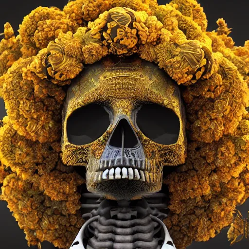 Image similar to a golden skull face african electric shaman with an afro made of flowers, third eye art art by machina infinitum, complexity from simplicity, rendered in octane, mandelbulb 3 d, ambient occlusion, macro photography, tribal, retrowave