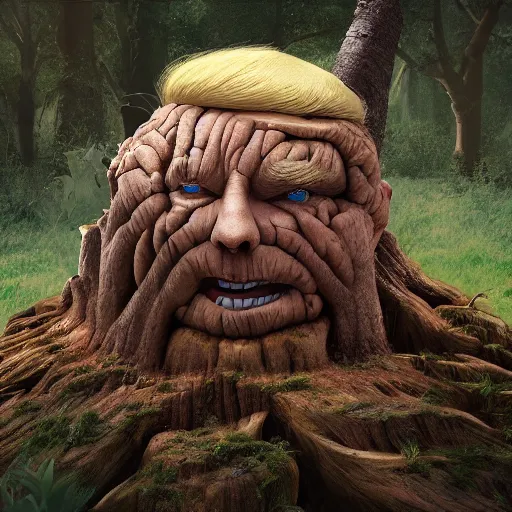 Image similar to donald trump is fused into a tree stump, hyperdetailed, artstation, cgsociety, 8 k