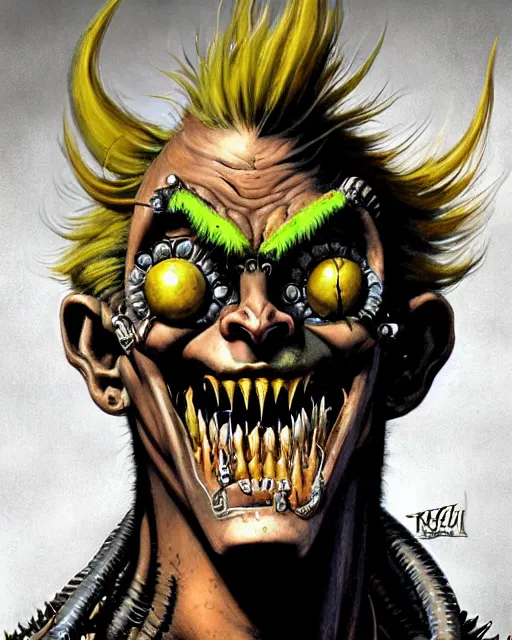 Prompt: junkrat from overwatch, heavey metal magazine cover, character portrait, portrait, close up, concept art, intricate details, highly detailed, in the style of frank frazetta, r. giger, esteban maroto, richard corben, pepe moreno, matt howarth, stefano tamburini, tanino liberatore, luis royo and alex ebel