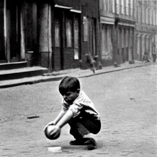 Image similar to a boy playing with a ball in the street in 1 9 2 0