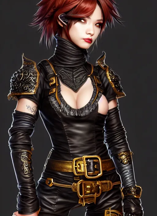 Image similar to rogue, fantasy ornate leather bandit outfit!!! beautiful and athletic short hair female!! gorgeous face and eyes!! character concept art, sharp focus, octane render! unreal engine 5! highly rendered!! trending on artstation!! detailed linework!! illustration by artgerm, wlop, and chie yoshii