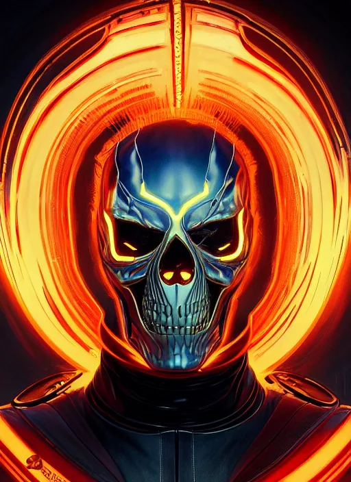 Prompt: symmetry!! portrait of ghost rider, sci - fi, tech wear, glowing flames!! intricate, elegant, highly detailed, digital painting, artstation, concept art, smooth, sharp focus, illustration, art by artgerm and greg rutkowski and alphonse mucha