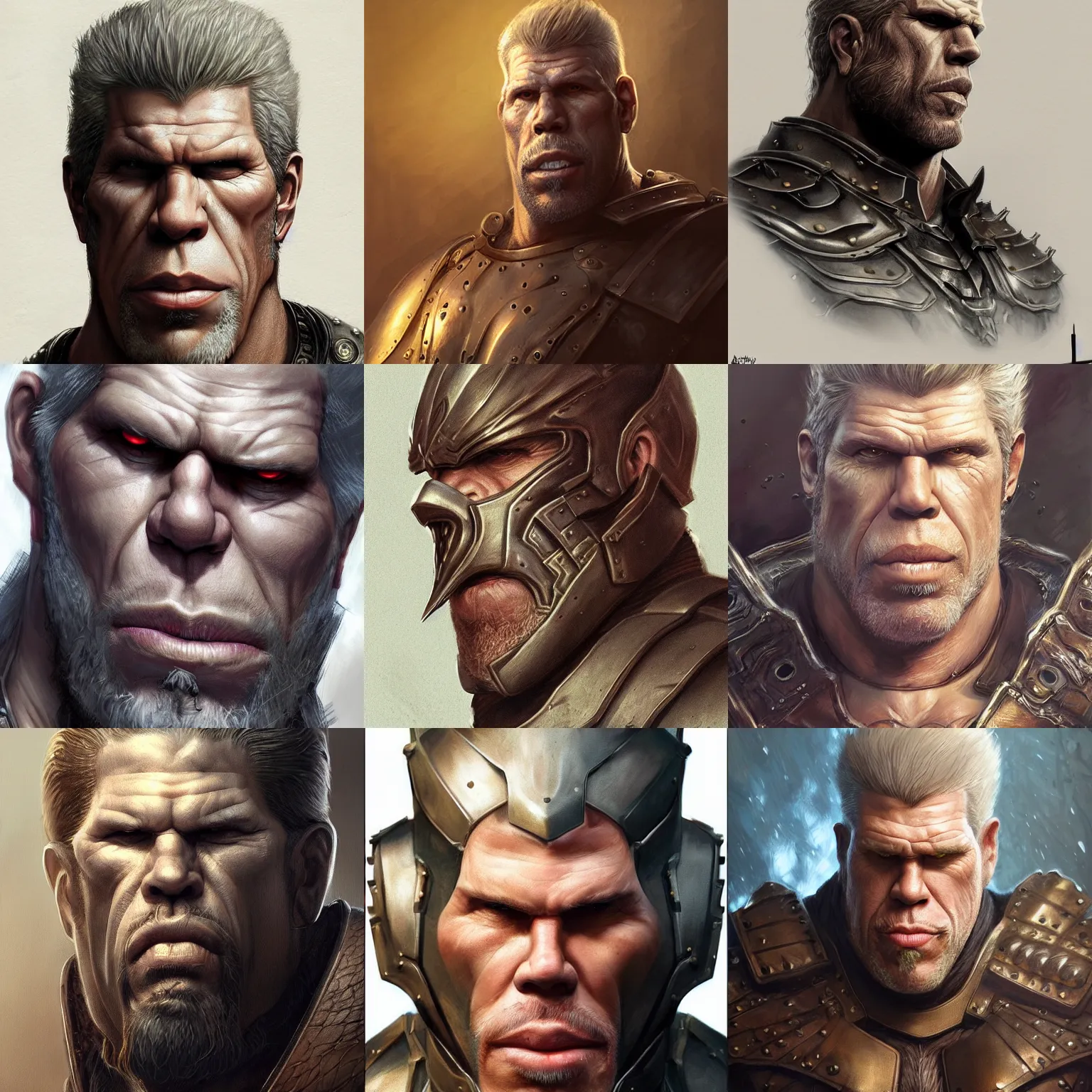 Prompt: digital fantasy portrait of ron perlman, leather armor, by artgerm and Greg Rutkowski, trending on artstation, character design, character concept, illustration, concept art, sharp focus, smooth, very detailed, fantasy art