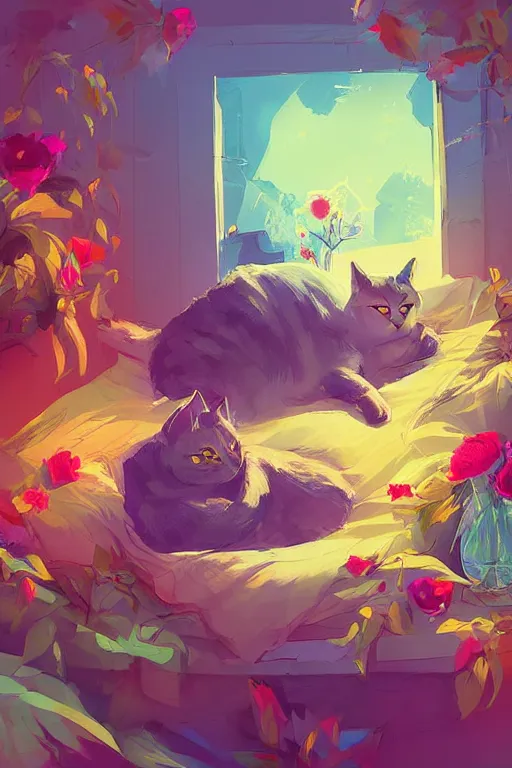 Image similar to a digital art of a cat sleeping in the room with flowers around in the afternoon, the sun shines in, animal, light effect, highly detailed, by anton fadeev