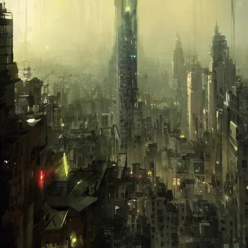 Image similar to A giant cityscape, by Greg Rutkowski and Dave McKean