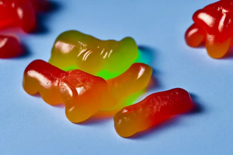 Image similar to haribo gummy tardigrades, food photography, dramatic lighting, candles