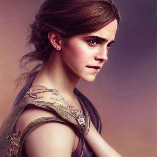 Image similar to portrait painting of a emma watson, ultra realistic, concept art, intricate details, eerie, highly detailed, photorealistic, octane render, 8 k, unreal engine. art by artgerm and greg rutkowski and alphonse mucha