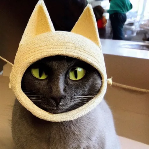 Image similar to cat wearing a rice hat