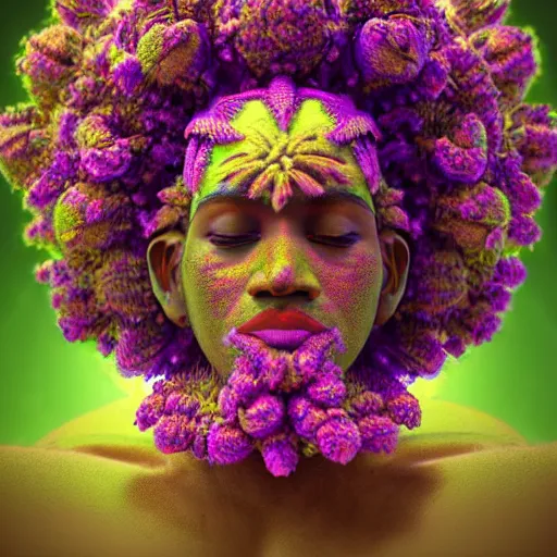 Image similar to an african marijuanna! shaman with an afro made of flowers, third eye art art by machina infinitum, complexity from simplicity, rendered in octane, mandelbulb 3 d, ambient occlusion, radiant lighting, macro photography, felt!!! texture, tribal, pastel! retrowave