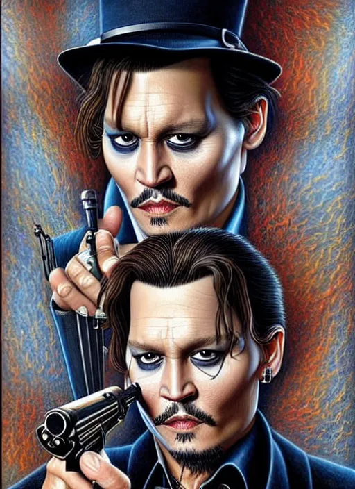 Prompt: johnny depp play james bond film by james jean, karol bak, manuel sanjulian