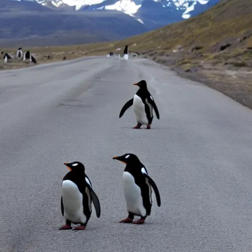 Prompt: penguins in cowboy hats walking across the road