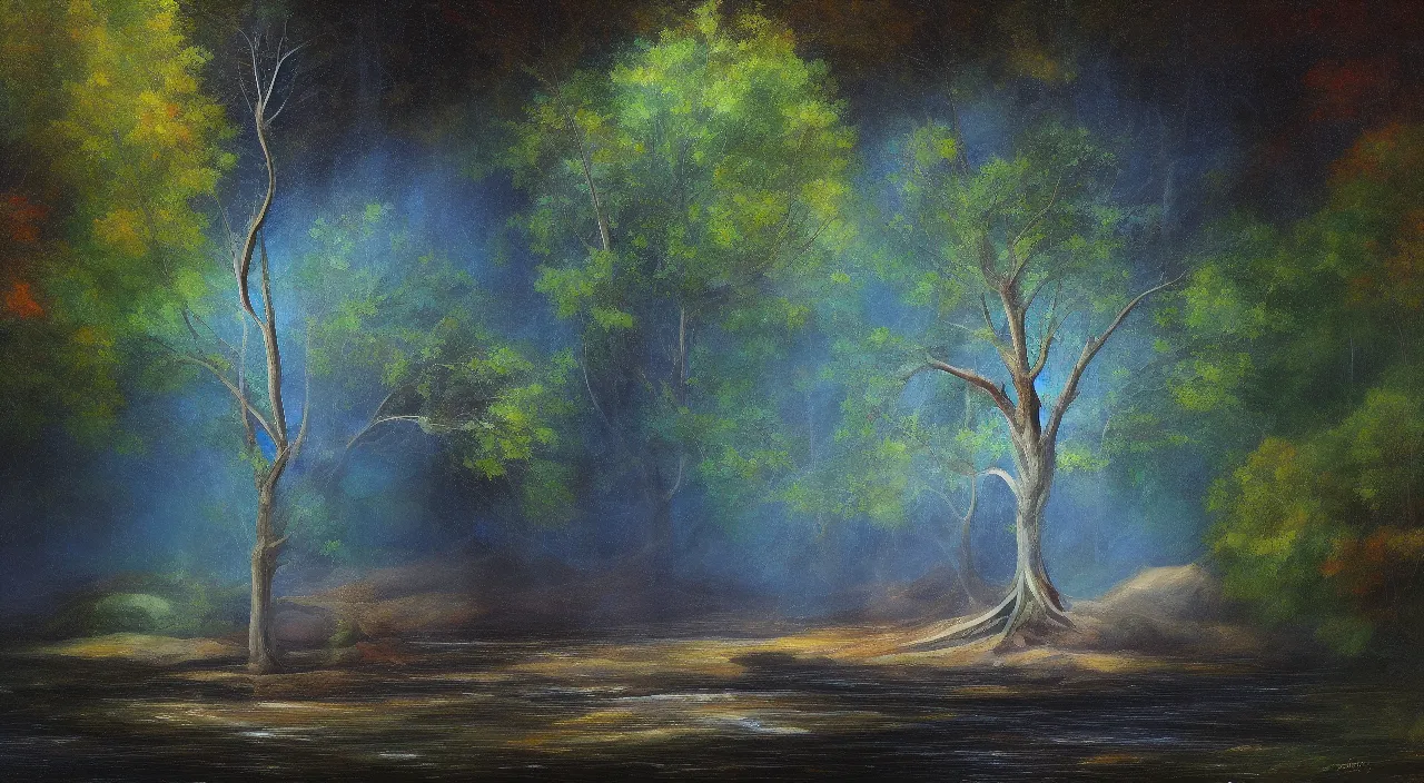 Prompt: A beautiful, highly detailed, very realistic oil painting of a single tree with rainbow leaves, next to a small river, glowing bright blue in the middle of a huge, very dark cave, with lots of dark grey rocks, oil painting by Afremov and Greg Rutkowski.