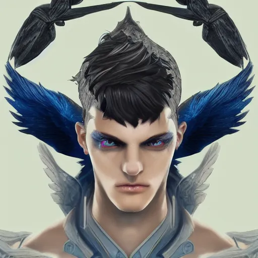 Prompt: male fallen angel with black hair and blue eyes, symmetrical portrait by loish and WLOP, octane render, dark fantasy, trending on ArtStation