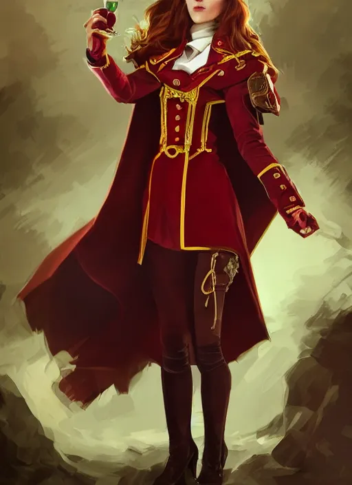 Prompt: a highly detailed illustration of emma watson as a long dark red haired wearing wine red epaulette uniform and coat cape, dramatic smiling pose, perfect face, intricate, elegant, highly detailed, centered, digital painting, artstation, concept art, smooth, sharp focus, league of legends concept art, wlop