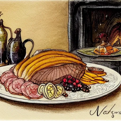 Prompt: one platter with roasted pork and fruit on a wooden table with cozy fireplace in the background, warm lighting, fantasy, intricate, elegant, highly detailed, digital painting, artstation, concept art, matte, sharp focus, illustration, art by kay nielsen and walter crane, illustration style, watercolor w 7 6 8