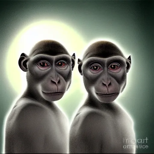 Image similar to two macaques looking at each other inside victorian mansion, digital art, soft shadows, creepy art, sun flare