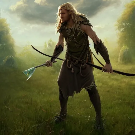 Prompt: a beautiful portrait of an epic fantasy style mystical forest elf man with long blond hair holding a epic elven longsword in the midst of a grassy meadow, oil painting, Greg Rutkowski, Charlie Bowater, swordsman, unreal 5, DAZ, hyperrealistic, octane render, RPG portrait, dynamic lighting, fantasy art,