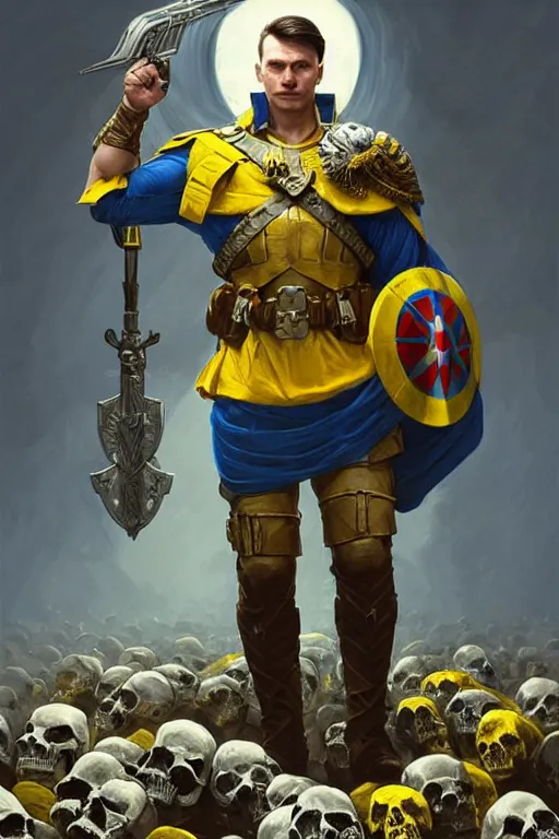 Prompt: A super soldier with Сoat of arms of Ukraine on his chest and blue and yellow flag in his hands is standing on a pile of skulls, D&D, dark fantasy, intricate, elegant, highly detailed, digital painting, artstation, concept art, smooth, sharp focus, illustration, art by artgerm and greg rutkowski and alphonse mucha