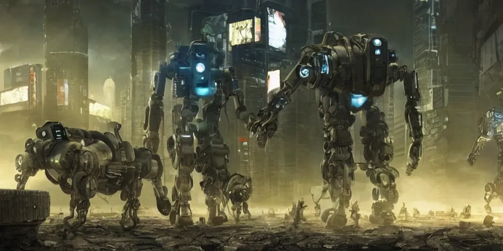 Image similar to An operation to search for living life on post-nuclear Earth by an army of intelligent robots. Cyberpunk, movie scene, dynamic scene, animatronic.