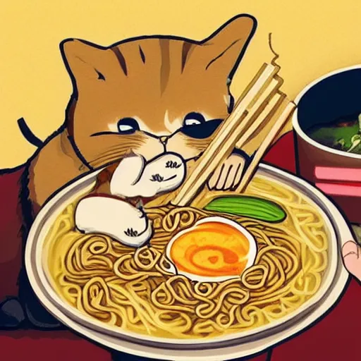 Image similar to fat cat eating ramen noodles on toast, japanese art artstation trending