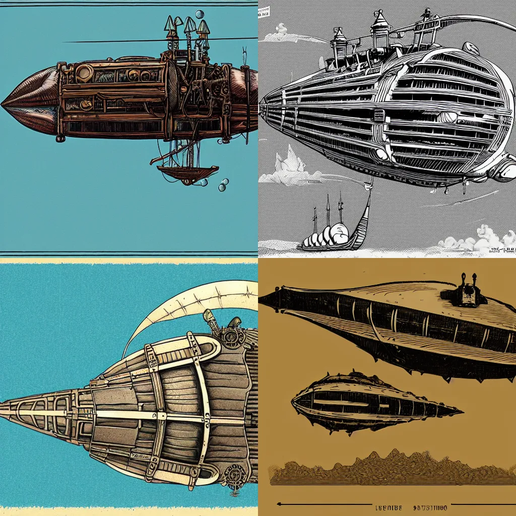 Prompt: a detailed illustration of a steampunk airship in the style of moebius