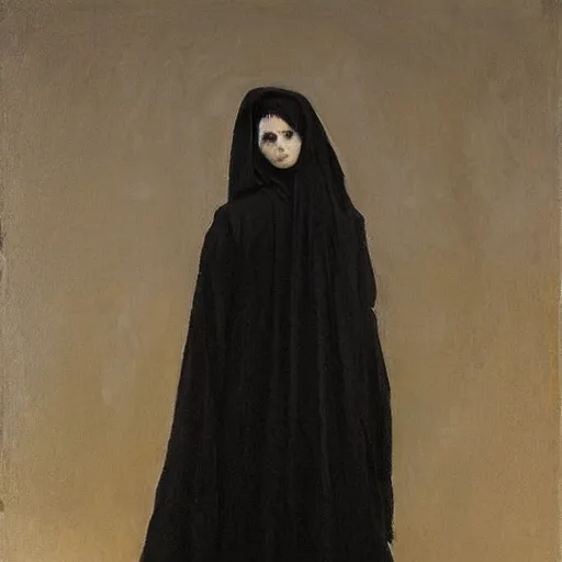 Image similar to Back view of the grim reaper as a beautiful woman, thin black robe, death himself, elegant, deep shadows, award winning, by Ilya Repin, deviant art