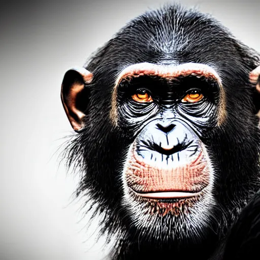 Image similar to a high detail closeup photograph of a chimpanze wearing a suit 👔, award wining photograph, digital art