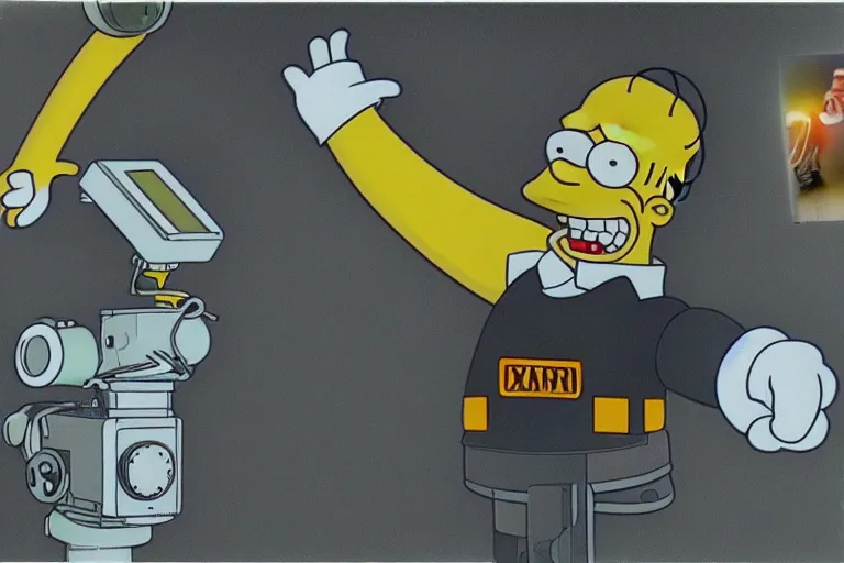 Image similar to Mechanical Homer Simpson, nightmare render, hyper realistic, jumpscare, polaroid photo