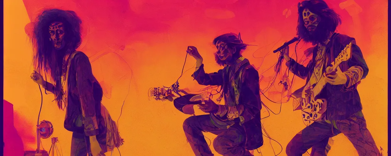 Image similar to duotone trippy 1 9 6 0 s lsd concept illustration of a hippy rock musician on stage. volumetric lighting. golden ratio accidental renaissance. by sachin teng and sergey kolesov and ruan jia and heng z. graffiti art, scifi, fantasy, hyper detailed. octane render. concept art. trending on artstation.