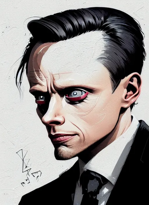Image similar to highly detailed closeup portrait of sinister martin wallstrom, tyrell wellick mr robot, slick back hair wearing suit by atey ghailan, by greg rutkowski, by greg tocchini, by james gilleard, by joe fenton, by kaethe butcher, gradient blue, black and white only color scheme, grunge aesthetic!!! ( ( graffiti tag wall background ) )
