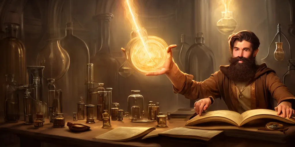 Prompt: a handsome bearded caucasian male sorcerer with brown hair he is casting a spell from a open book on the table, he is in a alchemist lab filled with beakers and equipment, neutral pose, epic composition, 4 k, light rays, super coherent, by dave melvin, dan luvisi and greg rutkowski